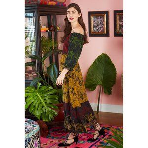 Carolina K yellow red green colorblock floral silk tier off shoulder maxi dress